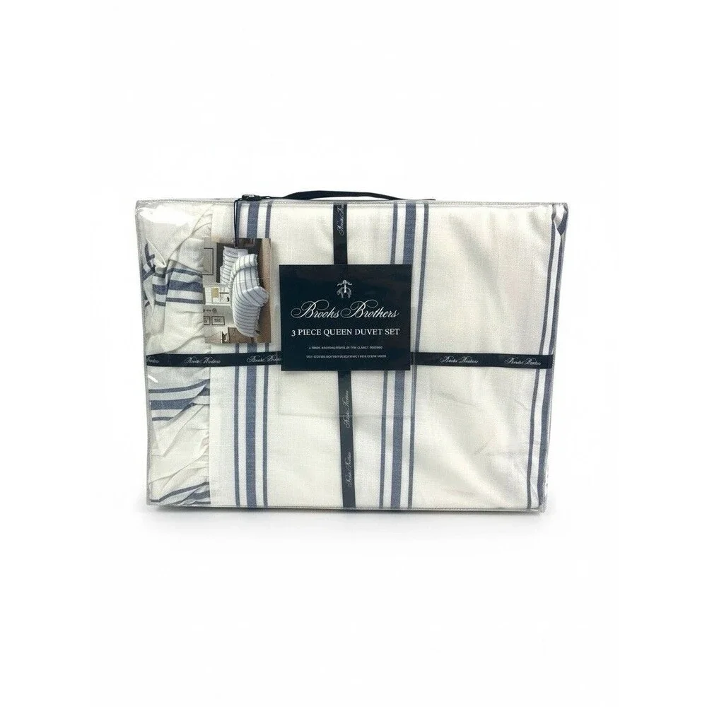 Brooks Brothers Queen Duvet Set Blue White Stripe Ruffle 100% Cotton Cottage New